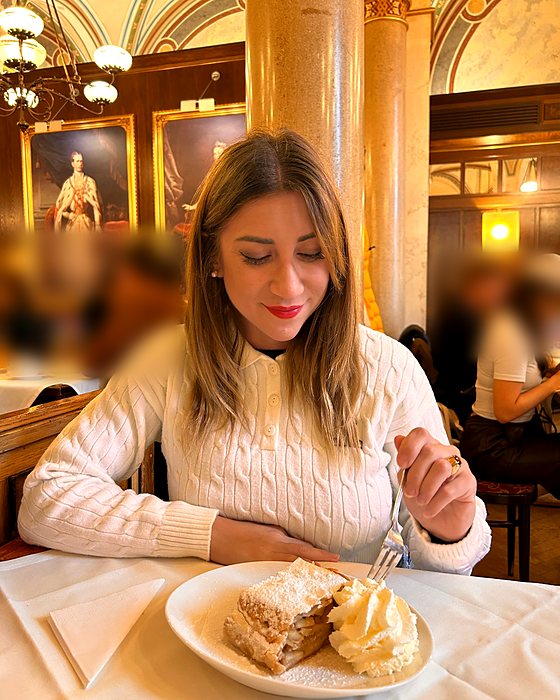 A slice of strudel with cream in a historic café
