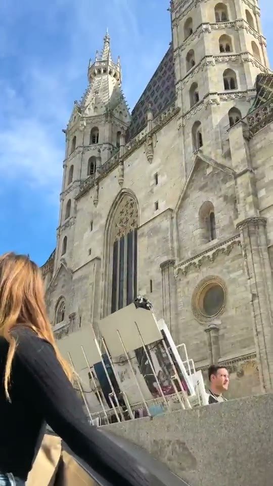 The Stephansdom seen from below, with its spire and mosaic roof